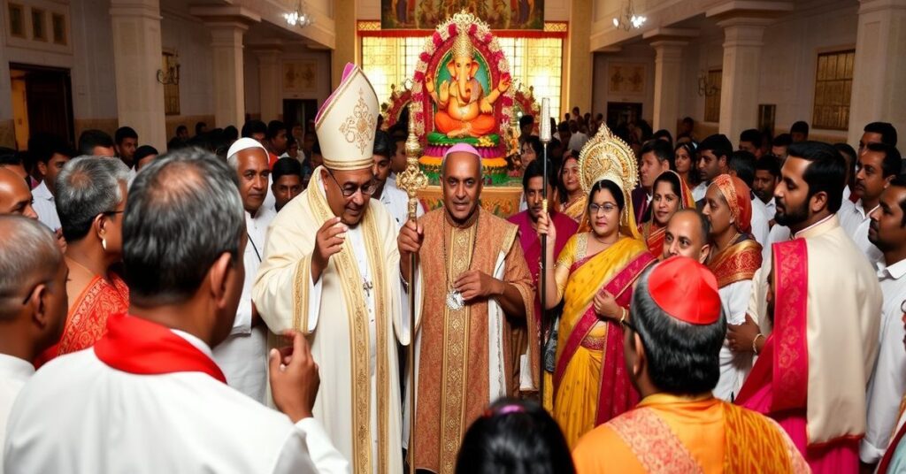 Biskup Francisco Antonio Agnelo Jacinto Pinheiro podczas synkretycznych wydarzeń z hinduskimi rytuałami w kościele katolickim.