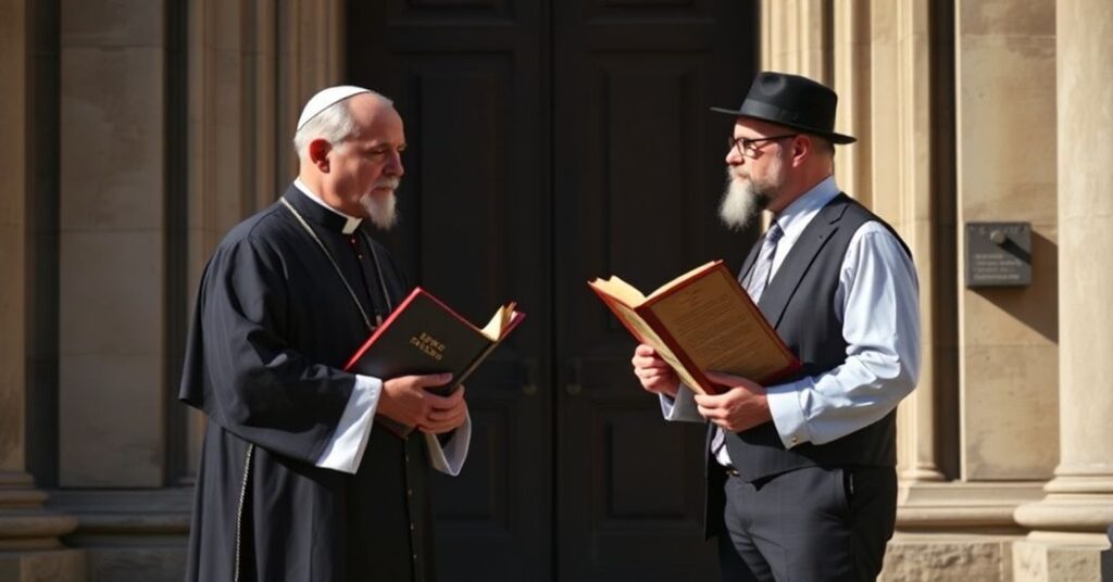 Priest w sutannie stojący przed zamkniętymi drzwiami katedry z Talmudem w ręku w kontrastowym ujęciu do synkretyzmu religijnego