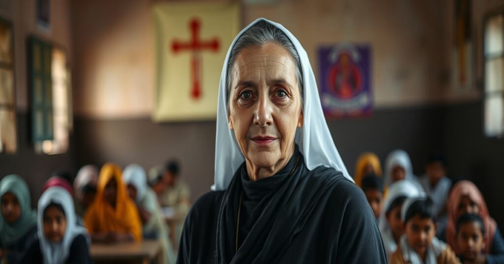 Siostra Miriam Francis Perlewitz w Bangladeszu przed szkołą BACHA z dziećmi różnych wyznań