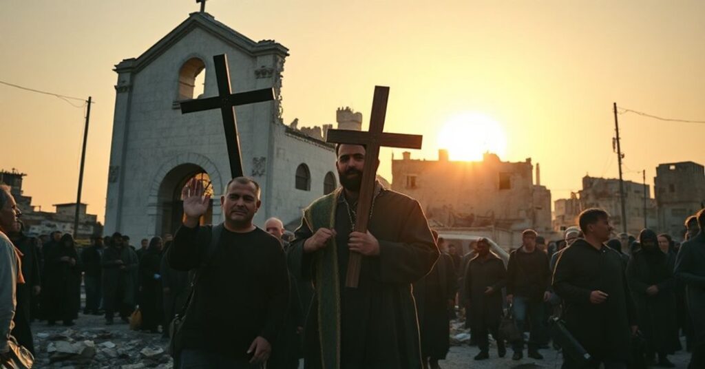 Ojciec Ibrahim Faltas w Gazie otoczony cierpiącymi cywilami przy zniszczonym kościele; symbolizuje apostazję i synkretyzm w nowoczesnym podejściu do pokoju.