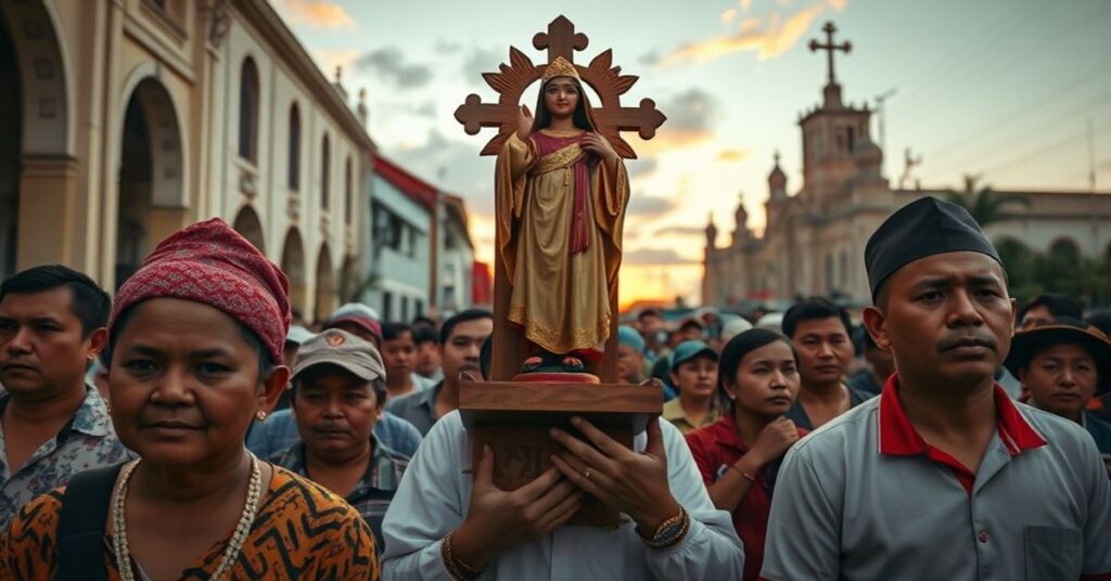 Pogrzebowa procesja katolików na Filipinach z drewnianą figurką Santo Niño podczas kontrowersyjnej uroczystości w Cebu. Scena odzwierciedla synkretyzm i bałwochwalstwo w świetle katolickiej doktryny.