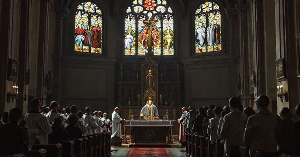 Wnętrze kościoła katolickiego przedstawiające kontrast między prawdziwymi świętymi a fałszywymi 'świadkami' promowanymi przez Bergoglio.