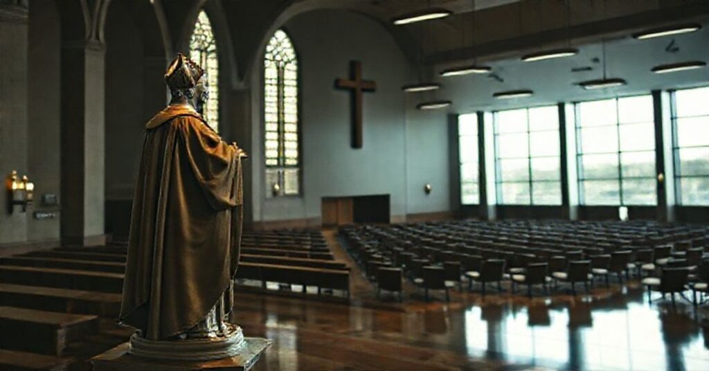 Wnętrze kościoła z rzeźbą św. Piusa X na pierwszym planie i portretem Enrique Shawa na tle nowoczesnej sali konferencyjnej