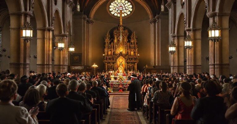 Wnętrze krakowskiej bazyliki franciszkańskiej podczas synkretycznych latynoskich obchodów Bożego Narodzenia. Tradycyjni wierni modlący się w kontrast z kolorowym chaosem tańczących flamenco i tanga w prezbiterium. Pogańskie elementy i 'święty Mikołaj' symbolizują profanację.