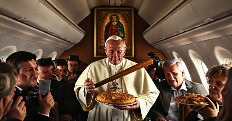 Scena w samolocie "papieża" Leona XIV podczas podróży do Turcji z kijem baseballowym i ciastem dyniowym w ręku.