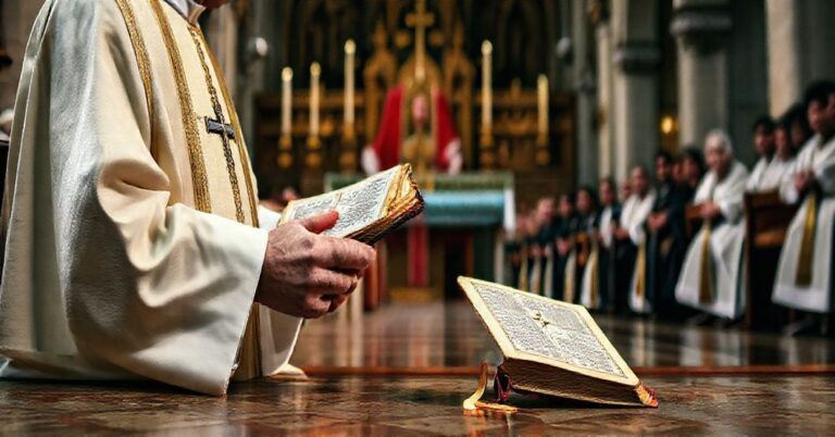 Stojący w kaplicy katolicki ksiądz w pełnym stroju liturgicznym z antycznym katechizmem w ręku, z nowym synkretyckim katechizmem leżącym na podłodze.