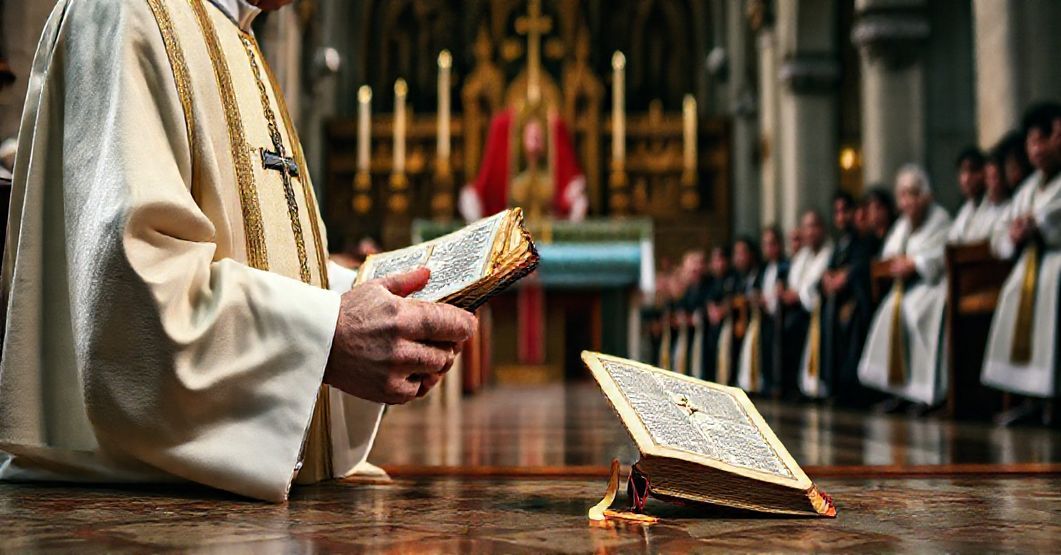 Stojący w kaplicy katolicki ksiądz w pełnym stroju liturgicznym z antycznym katechizmem w ręku, z nowym synkretyckim katechizmem leżącym na podłodze.