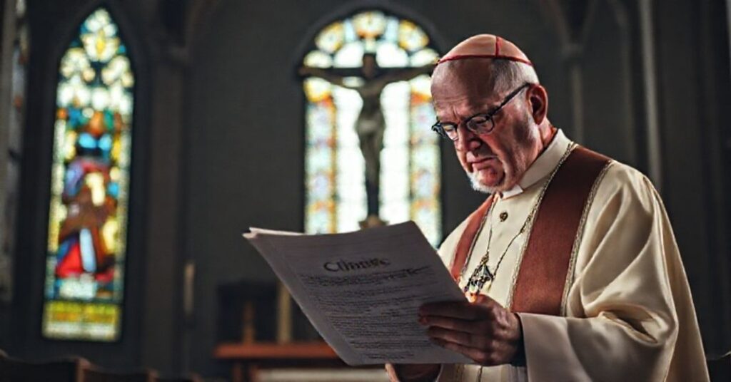 Ksiądz w tradycyjnych szatach liturgicznych przed krzyżem z wyraźnym obawą na twarzy patrzący na dokument o synkretyzmie klimatycznym.