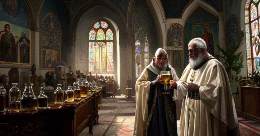 Wnętrze tradycyjnej maronickiej świątyni z ikonografią katolicką przedstawiającą zmartwioną Georgianne Walker trzymającą olej z relikwii Szarbela Makhloufa przy osservacji sceptycznego teologa.