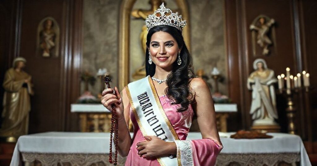 Pobożna zwyciężczyni Miss Universe 2025 przed katolickim ołtarzem - kontrast światowości i sakralności
