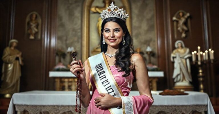 Pobożna zwyciężczyni Miss Universe 2025 przed katolickim ołtarzem - kontrast światowości i sakralności
