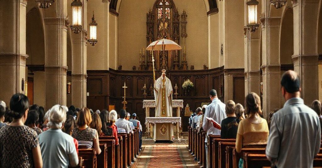 Wnętrze tradycyjnego kościoła katolickiego z rodzinami modlącymi się na kolanach i fałszywym biskupem trzymającym parasol jako symbol herezji.