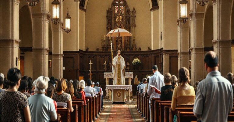 Wnętrze tradycyjnego kościoła katolickiego z rodzinami modlącymi się na kolanach i fałszywym biskupem trzymającym parasol jako symbol herezji.