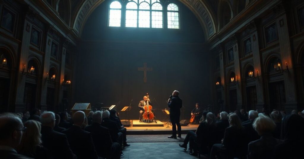 Mroczna scena w "Auli Pawła VI", gdzie niegdyś znajdowała się świątynia. Robert Prevost ("Leon XIV") mówi do artystów podczas współczesnego wydarzenia muzycznego.