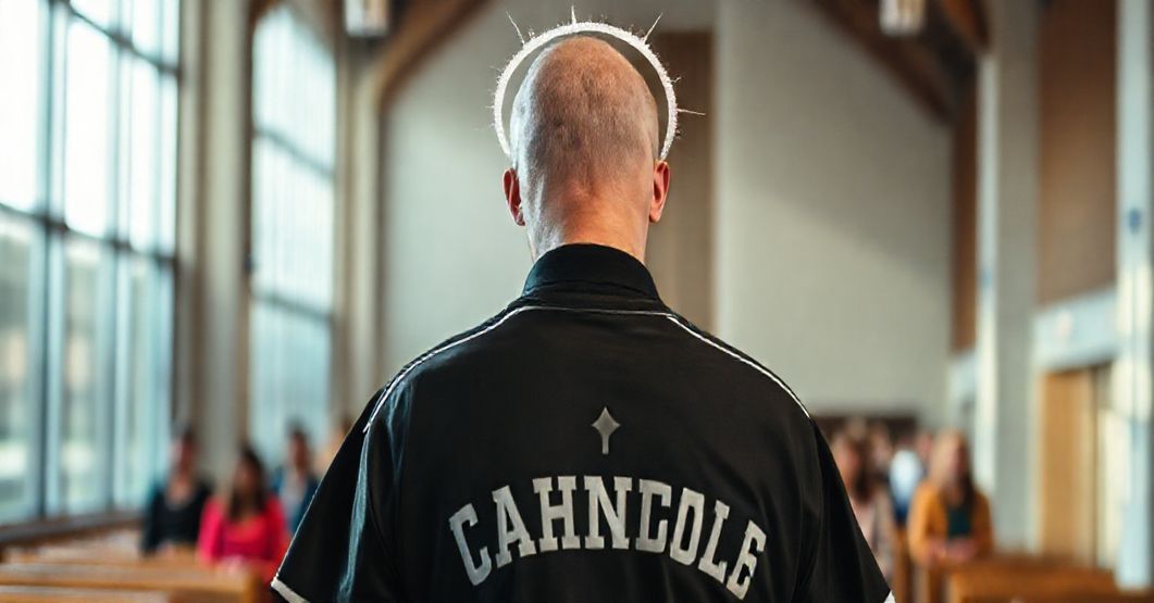 Poważny obraz wychowawcy katolickiego trzymającego koszulkę piłkarską z logo szkoły katolickiej, otoczony rozmytymi postaciami, z delikatnie wyblakłą aurą nad głową, symbolizującym utratę sakralnej władzy.