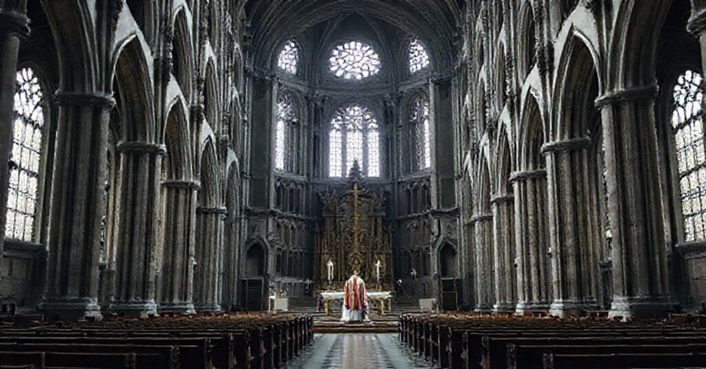 Pusty wnętrze katedry Notre Dame bez obecności Chrystusa Króla