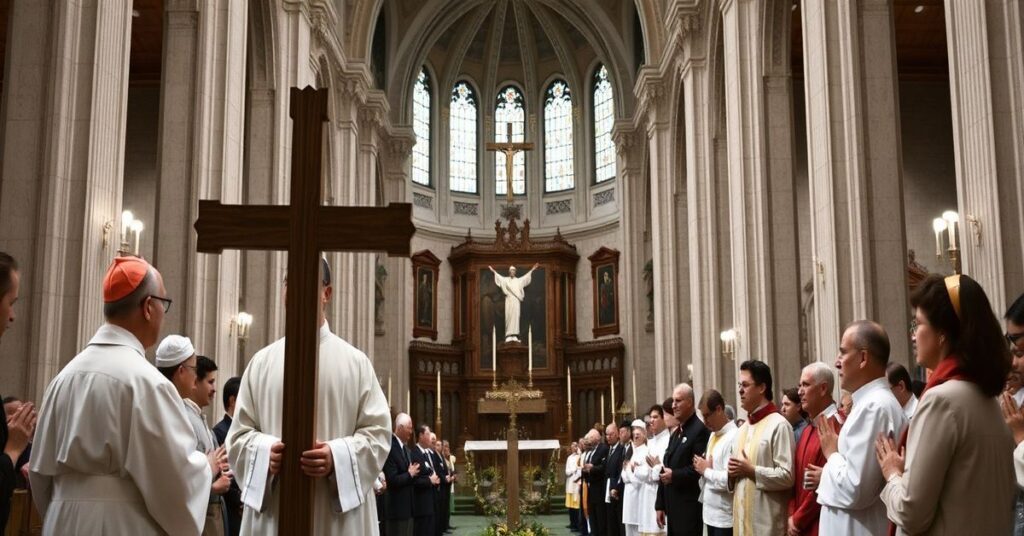 Wnętrze bazyliki katolickiej z drewnianym olimpijskim krzyżem podczas ekumenicznej modlitwy ze sportowcami.
