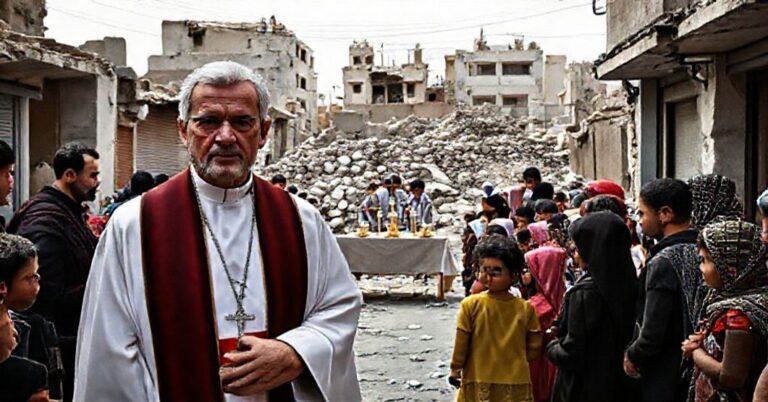 Katolicki księdz w tradycyjnych szatach liturgicznych w zniszczonej ulicy w Gazie