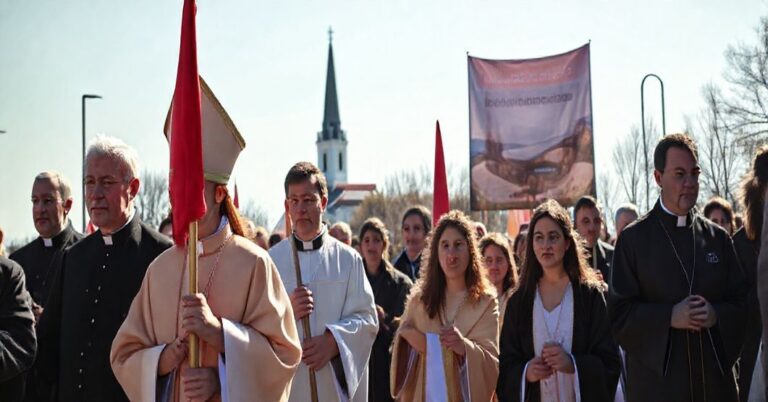 Procesja katolicka z młodzieżą, w tle politycy i duchowni nesoborowi, promocja turystyki kujawsko-pomorskiej, brak prawdziwej pobożności.