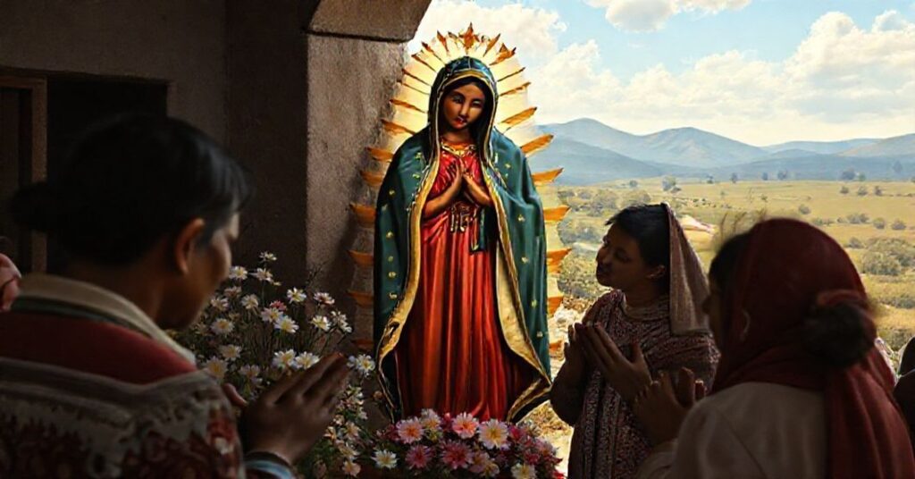 Tradycyjny katolicki obraz Matki Boskiej z Guadalupe przedstawiający jawną synkretyzm religijny w interpretacji modernistycznej