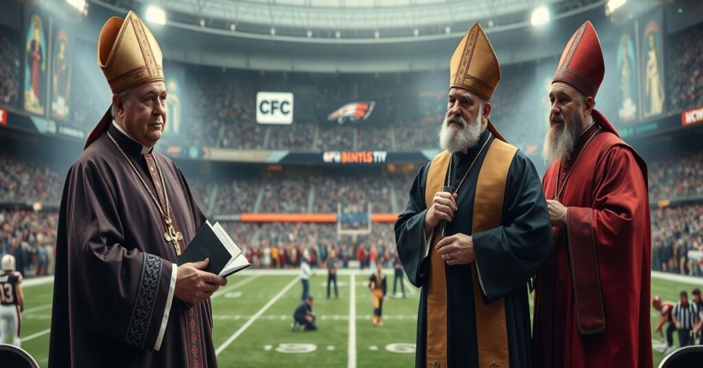 Kardynał w tradycyjnej szacie liturgicznej modli się przed stadionem Super Bowl, podczas gdy dwa nowoczesne "archbiskupy" w świeckim ubraniu obchodzą zakład z zawodnikami NFL.