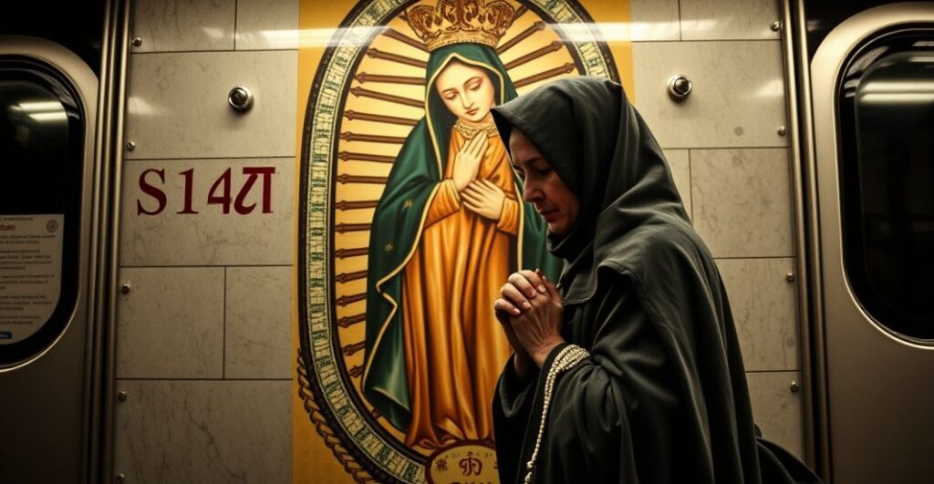 Realistyczny widok katoliczki modlitwy przed fałszywą muzułmańską reprezentacją Maryi w metrze w Teheranie, podkreślający zagrożenie synkretyzmu religijnego