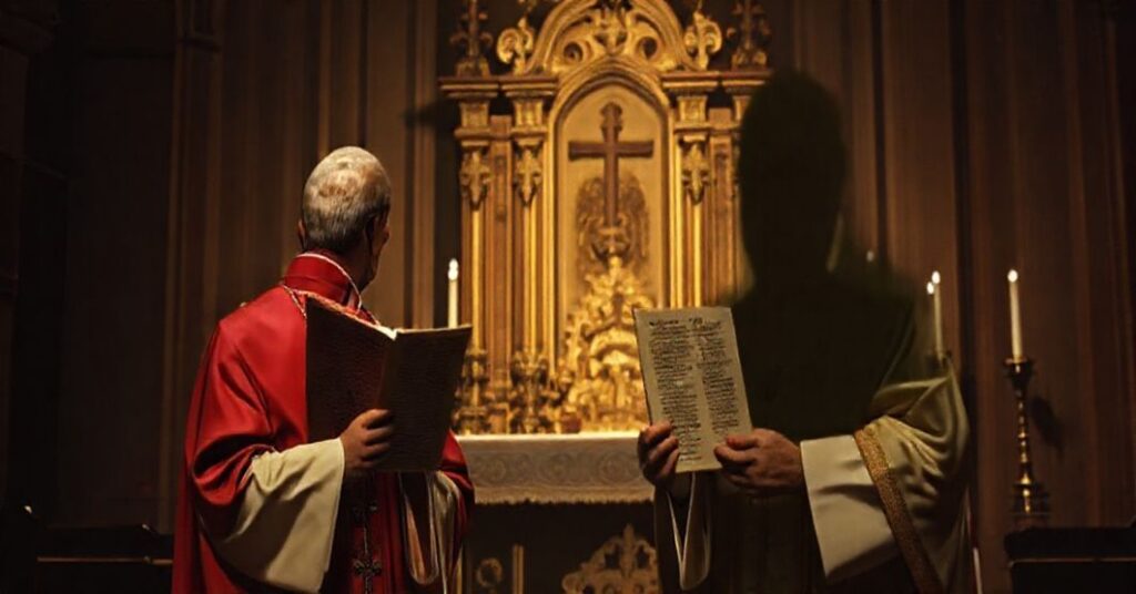 Biskup katolicki w tradycyjnych szatach liturgicznych trzyma dokument Syllabus Errorum, na tle rozmytych symboli protestantyzmu i lokalnego współczesnego polityka.