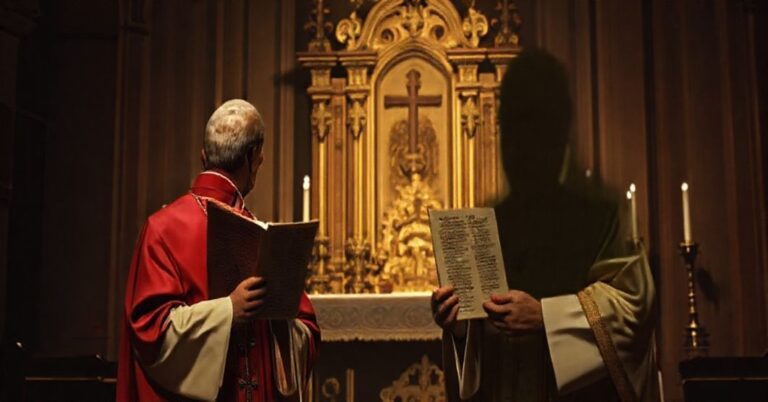 Biskup katolicki w tradycyjnych szatach liturgicznych trzyma dokument Syllabus Errorum, na tle rozmytych symboli protestantyzmu i lokalnego współczesnego polityka.