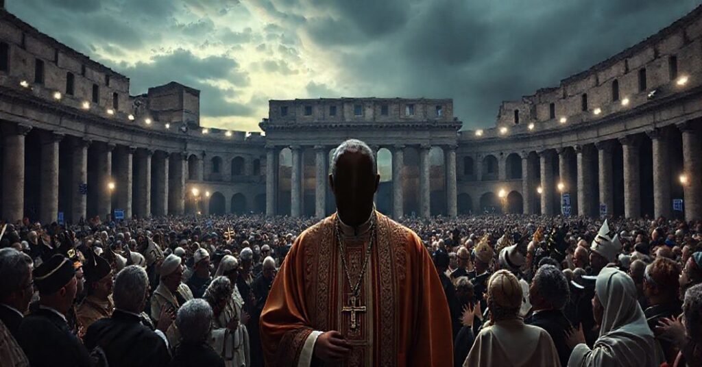 Ciemny, poważny widok Koloseum w Rzymie pełen różnorodnej grupy przywódców religijnych, w tym osoby w papieskich szatach, trzymających się za ręce w kole pod przygaszonym, poważnym oświetleniem. Scena przedstawia synkretyczne zgromadzenie z chrześcijańskimi, islamskimi i poganckimi symbolami wymieszanymi, wywołując wrażenie fałszywego ekumenizmu. Tło pokazuje słabe, ponure chmury burzowe, symbolizujące duchowe niebezpieczeństwa apostazji. Twarz centralnej postaci jest rozmyta, aby uniknąć identyfikacji, podkreślając powszechną naturę kryzysu w Kościele. Ogólna atmosfera jest smutna i wyrazu zdrady prawd katolicznych.