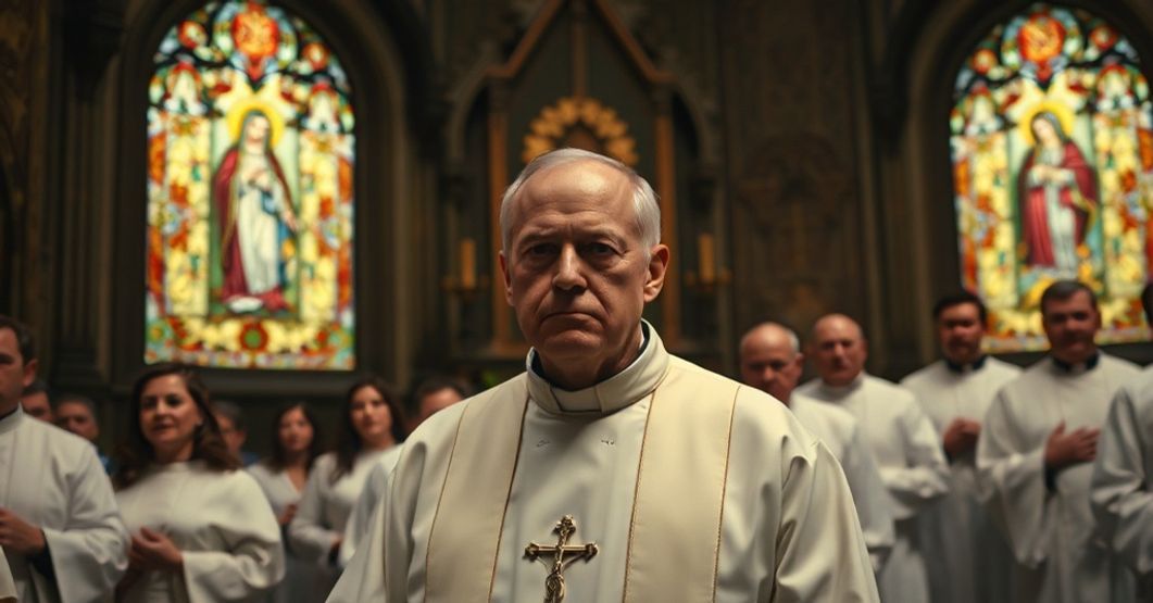 Ceremonialna scena w tradycyjnym kościele katolickim z kapłanem w białych szatach prowadzącym procesję. Tło przedstawia witraże z nieco fałszywą ikonografią Matki Bożej, co odzwierciedla synkretyzm nowożytny.