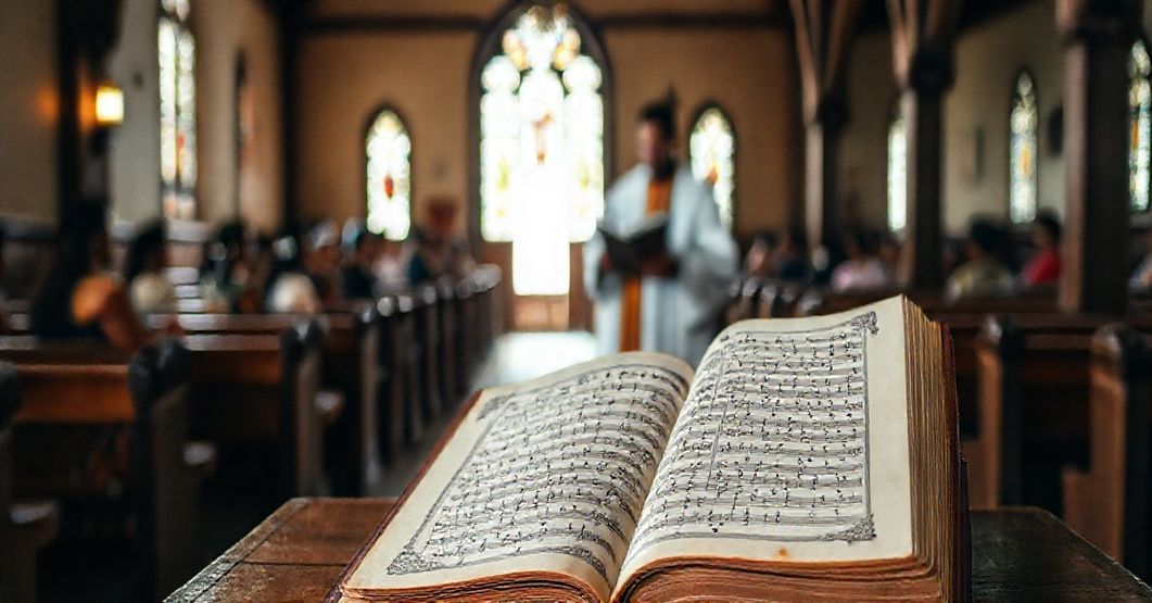 Stary manuskrypt muzyczny barokowy na pulpicie w tradycyjnym kościele katolickim z grupą Indian w tle