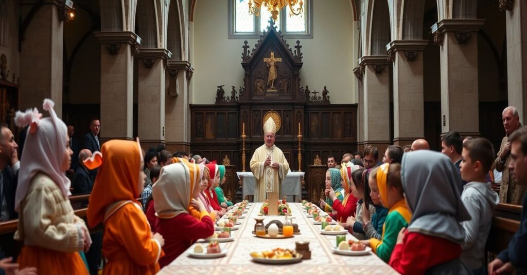 Tradycyjny kościół z dziećmi w kolorowych strojach reprezentujących różne kontynenty podczas rzekomej Niedzieli Ad Gentes.