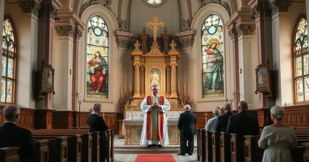 Wnętrze tradycyjnego kościoła katolickiego podczasMszy św., z naciskiem na sakralny charakter liturgii i oddzielenie od synkretyzmu narodowego.