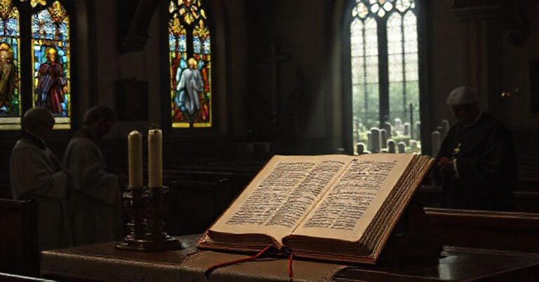 Wewnątrz tradycyjnego kościoła katolickiego z ołtarzem konsekrowanym. Canto odczytuje fragment Tory podczas ekumenicznego spotkania z profesorem luteraninem i liderem Drogi Neokatechumenalnej.