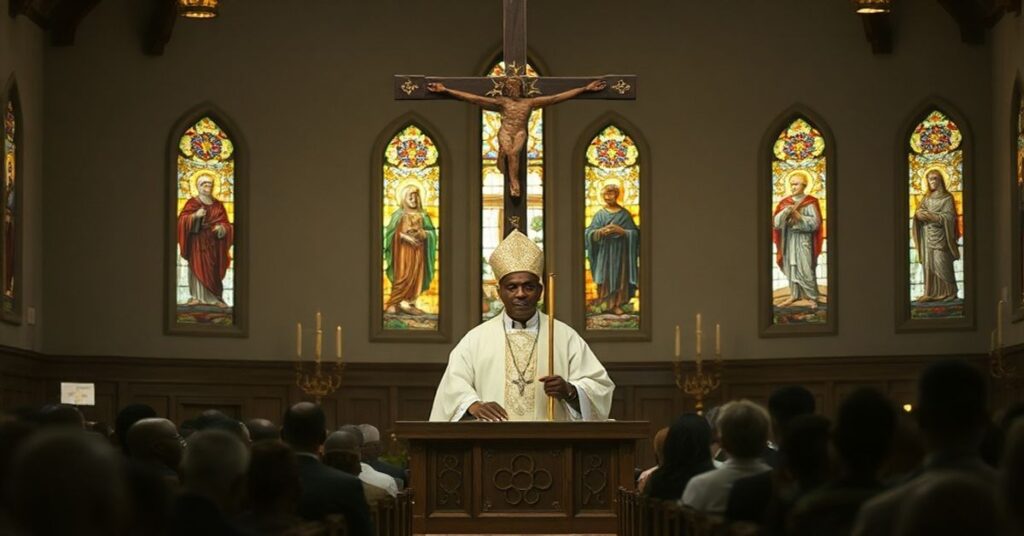 Wnętrze kościoła katolickiego z "arcybiskupem" Sithembele Antonem Sipuką stojącym przy ołtarzu otoczonym elementami pogańskimi w liturgii.