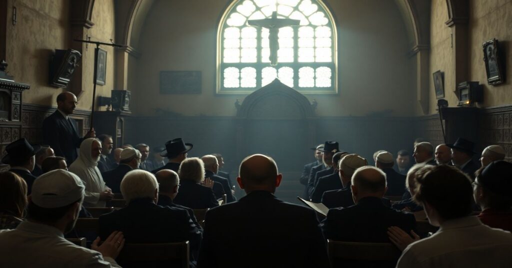 Scena spotkania modlitewnego w dawnej Jesziwie Chachmej Lublin, gdzie fałszywi duchowni i wyznawcy judaizmu wspólnie śpiewają psalmy w ramach synkretycznego dialogu.