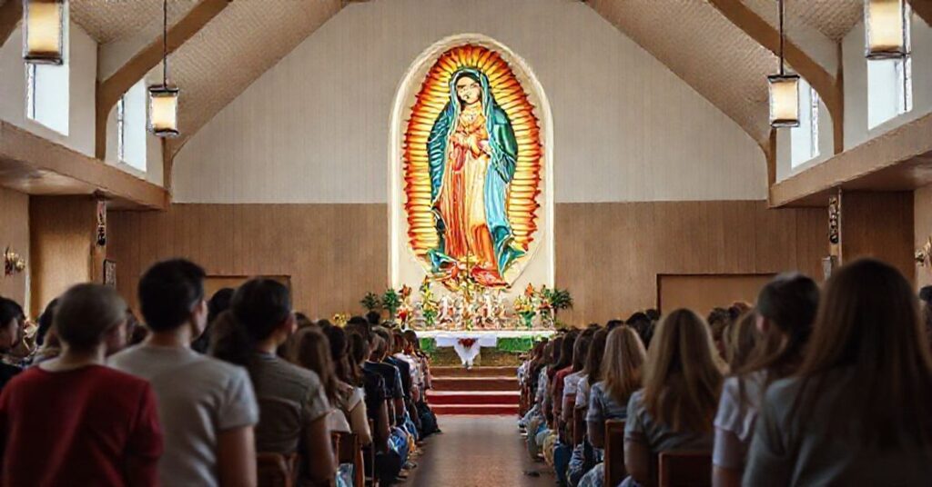 Grupa młodych katolików latynoskich w nowoczesnej hali kościelnej bez tradycyjnych elementów liturgicznych.
