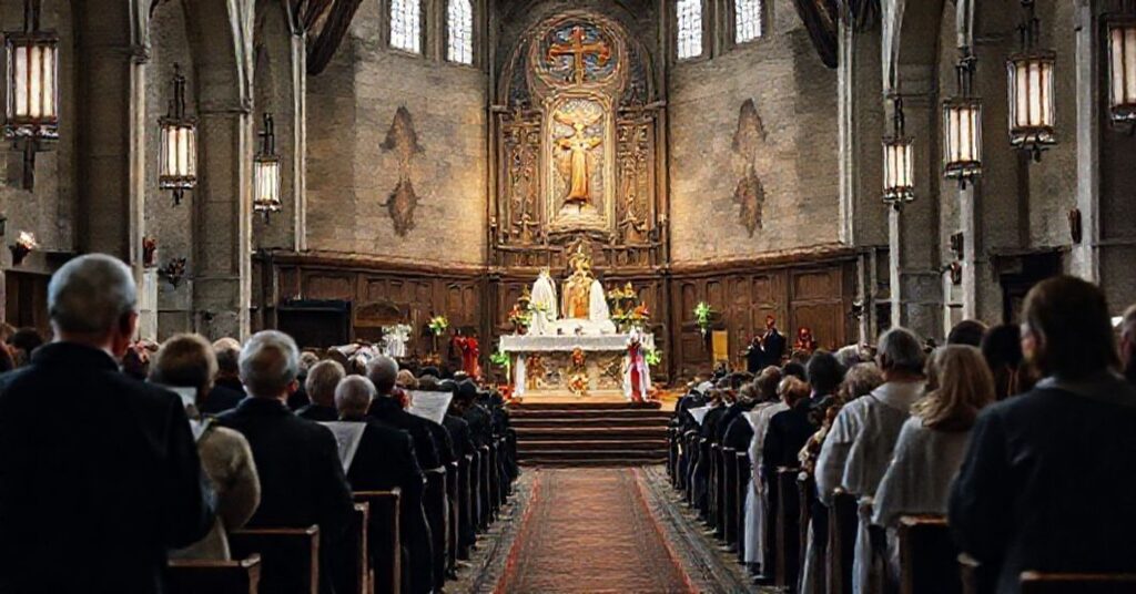 Wnętrze kościoła katolickiego podczas liturgii ku czci św. Barbary w Tarnobrzegu z fałszywym biskupem Krzysztofem Nitkiewiczem i świeckimi urzędnikami