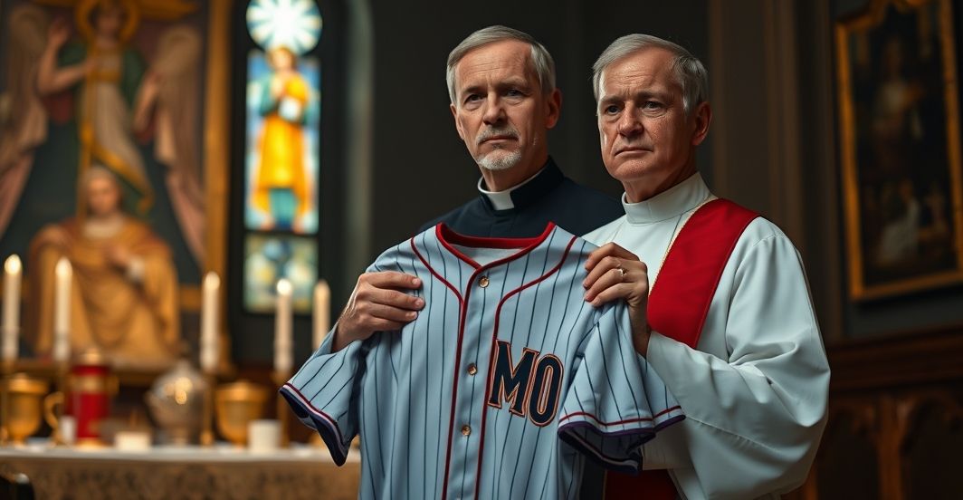 Kapelan w tradycyjnym stroju kościelnym trzyma koszulkę baseballową z niepokojem, symbolizującą synkretyzm w dialogach religijnych.