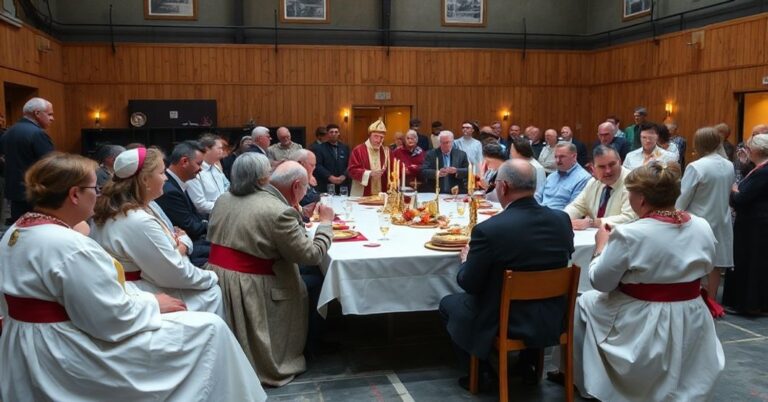 Solemne przedstawienie synkretycznej Wigilii w Koprzywnicy z udziałem pseudo-biskupa Krzysztofa Nitkiewicza w hali sportowej.