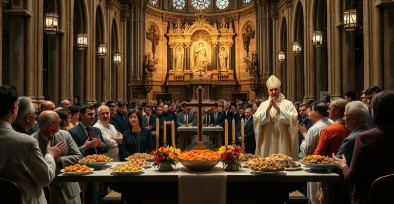 Wnętrze katedry z kompleksem pseudoliturgicznym, gdzie świecka władza przyjmuje odznaczenia od lokalnych urzędników, symbolizując synkretyzm religijny i laicyzację.