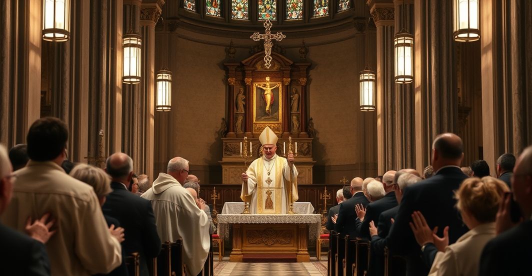 Wnętrze kościoła z fałszywym biskupem w modernistycznych szatach liturgicznych, który przewodniczy synkretycznej uroczystości z udziałem władz świeckich. Scena przedstawia pseudo-adorację Najświętszego Sakramentu, z wymieszaniem symboli świeckich i pseudo-religijnych. Atmosfera jest poważna, ale z subtelnymi elementami herezji, które podsycają krytykę modernistycznych odstępstw od tradycyjnej nauki katolickiej.