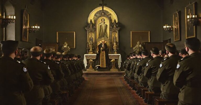 Wnętrze wojskowej kaplicy w Warszawie-Boernerowie w 2025 roku podczas liturgii bizantyjskiej prowadzonej przez kapłana greckokatolickiego.