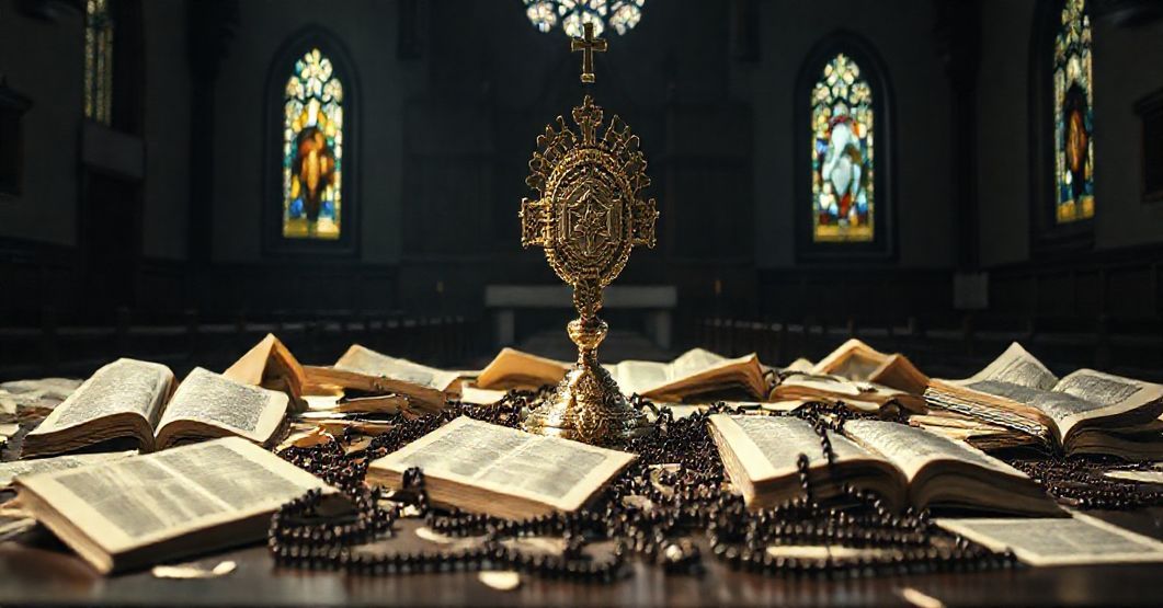 Sobór katolicki z monstransem i rozrzuconymi księgami symbolizującymi zniszczenie katolickiej doktryny