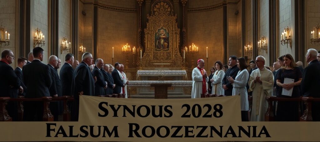 Wnętrze kościoła katolickiego z tradycyjnym ołtarzem podczas synodu 2028