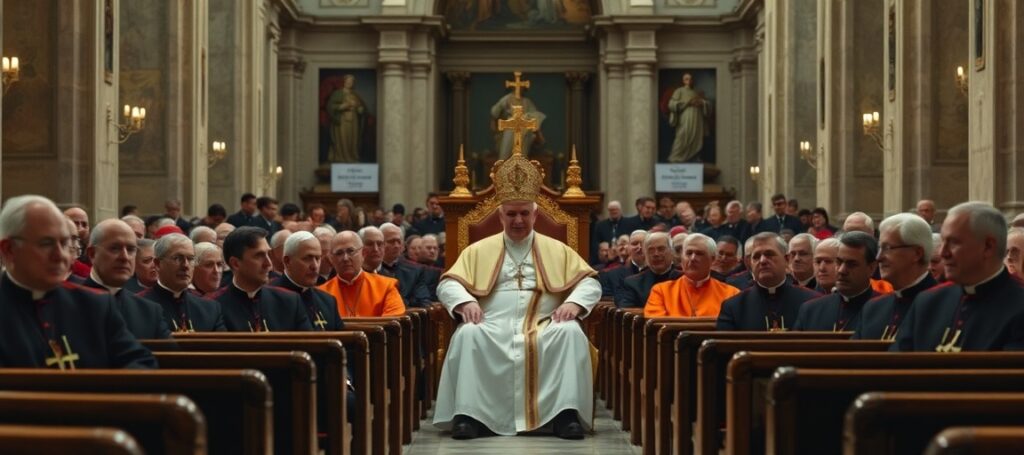 Zdjęcie synodalnego zgromadzenia w Watykanie pod przewodnictwem uzurpatora Leona XIV – symbol apostazji i odejścia od katolickiej nauki o sakramencie małżeństwa