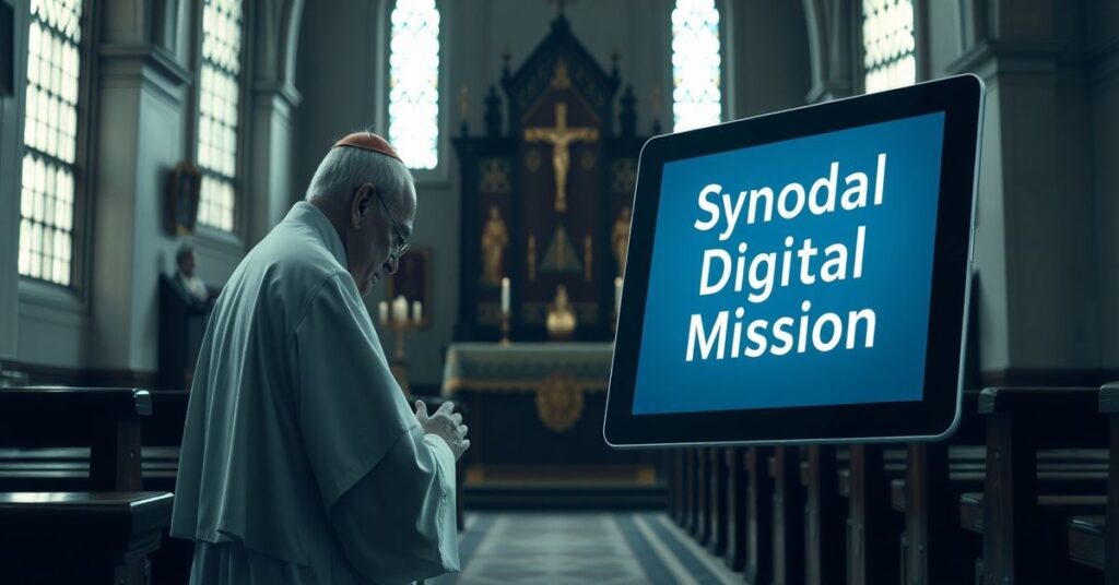 Stary ksiądz modlący się przed tabernakulum w tradycyjnym kościele katolickim z widokiem współczesnego tabletu w tle.