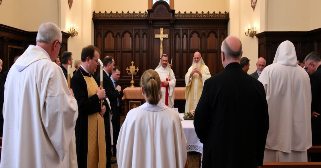 Biskup Krzysztof Włodarczyk podpisuje dekret zwołujący I Synod Diecezji Bydgoskiej w otoczeniu laickich uczestników.
