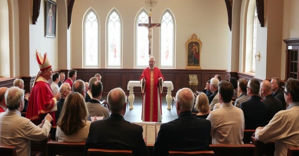 Obraz przedstawiający fałszywy synod w Bydgoszczy z udziałem 'biskupa' Krzysztofa Włodarczyka i 'księży' Grzegorza Bartha oraz Karola Rawicza-Kostro. Scena ukazuje spotkanie w stylu demokratycznym bez tradycyjnych katolickich elementów.