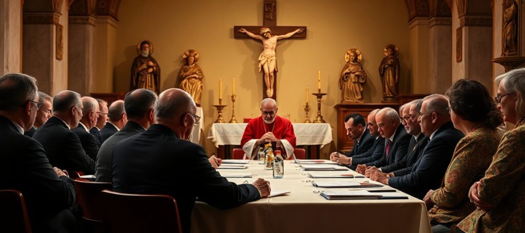 Zgromadzenie Diecezjalnej Rady Duszpasterskiej w Bydgoszczy podczas synodu diecezjalnego. Biskup przewodniczący i ks. Karol Rawicz-Kostro podczas przemówienia w tradycyjnym kościele katolickim.